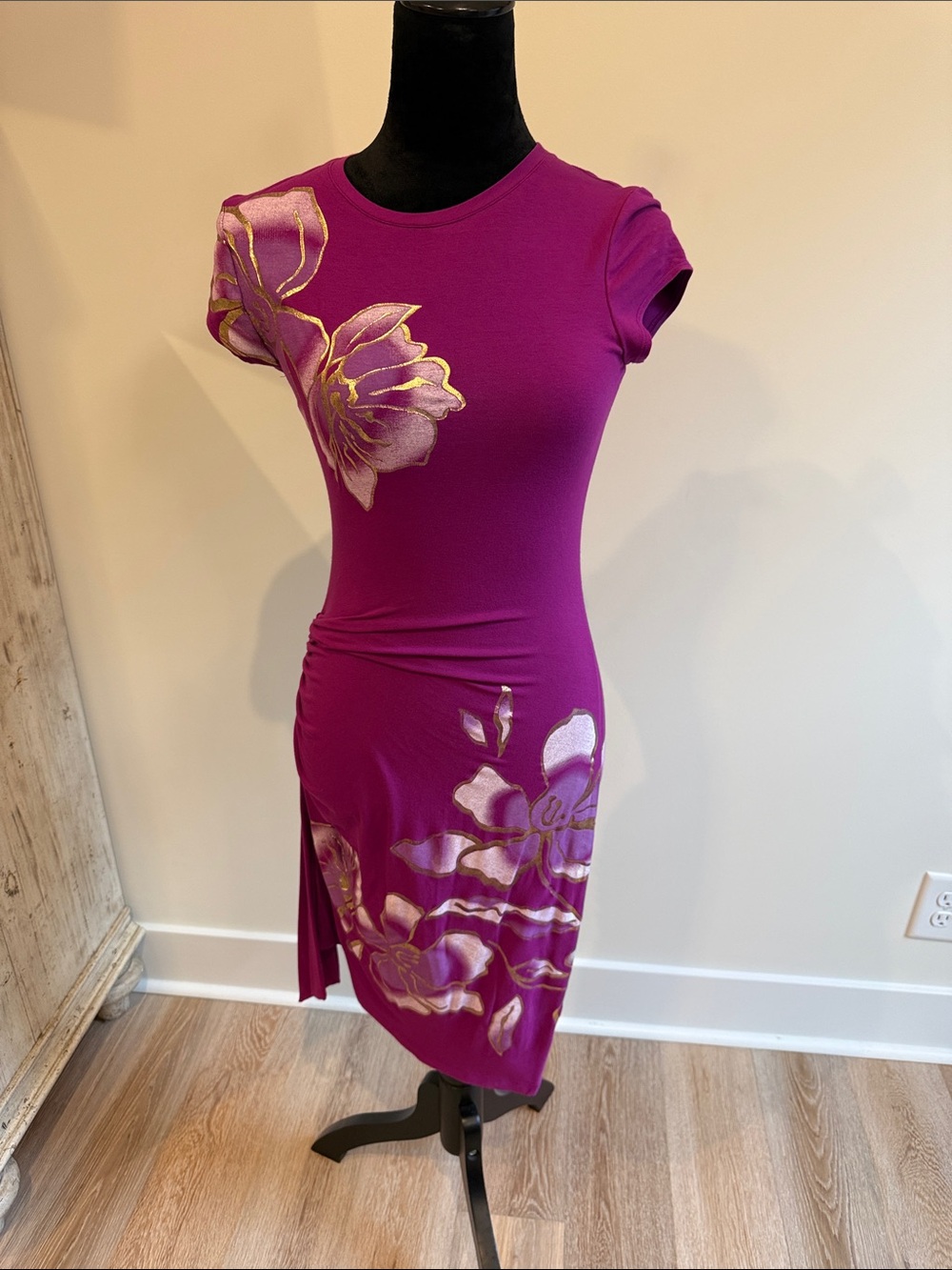 Cache Fuchsia Floral Stretch Knit Midi Dress